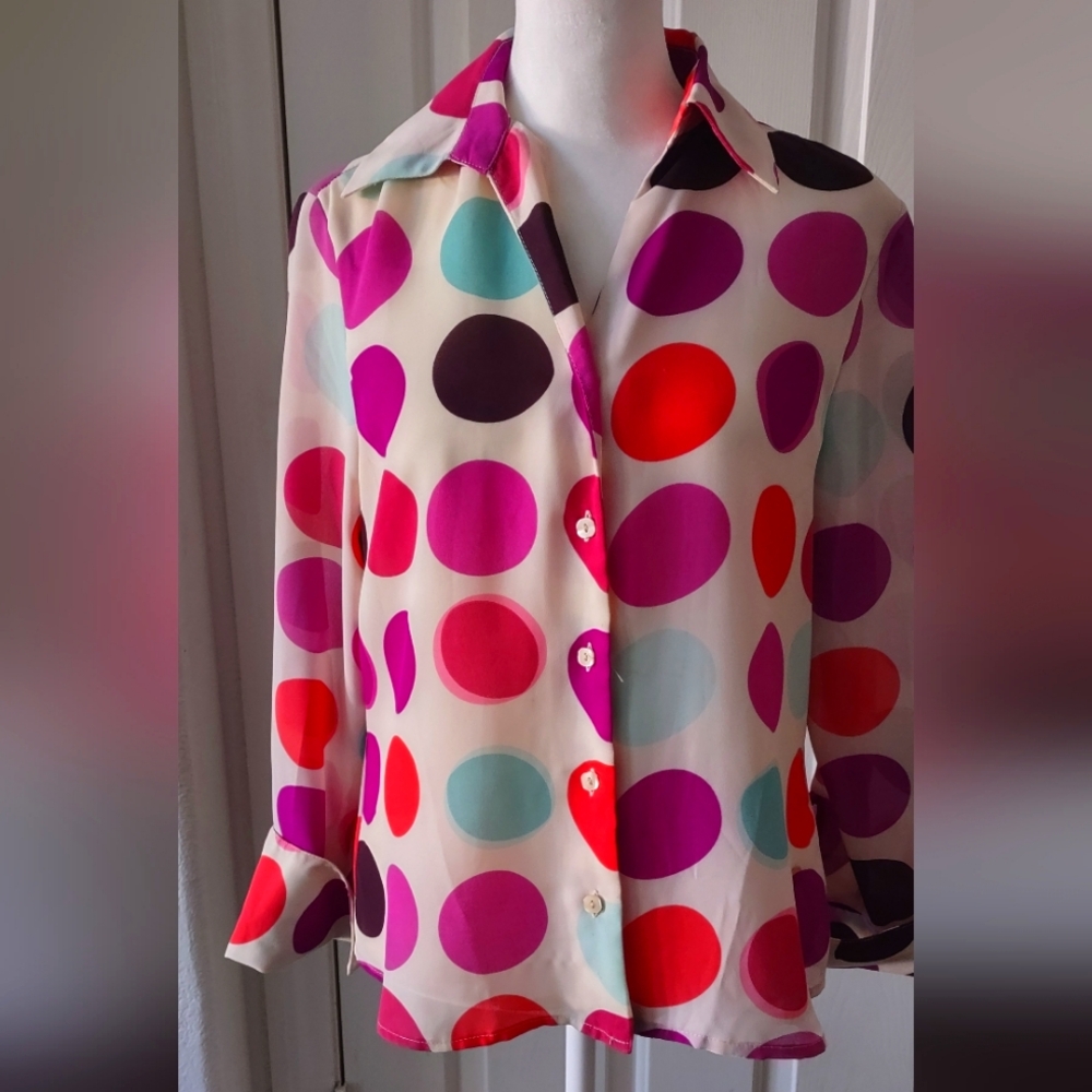 Off White Button Up Blouse with Polka Dots - Picture 1 of 4